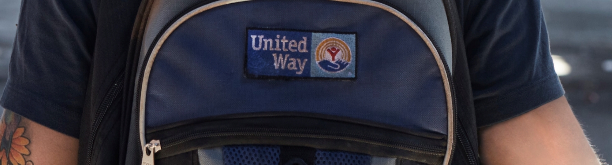 Close up of backpack with United Way patch