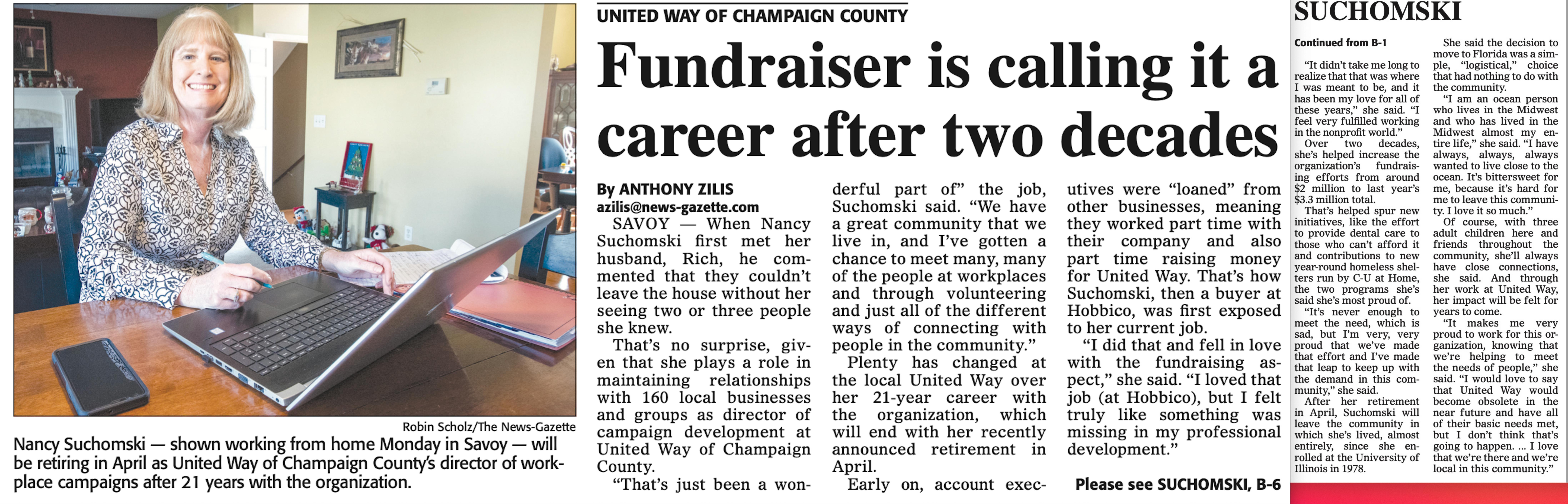 Copy of News Gazette Article describing Nancy Suchomski's retirement. Full text below.