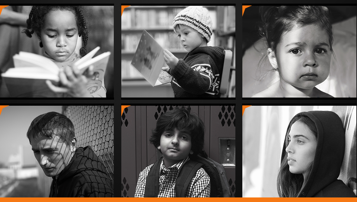 Six black and white images of children in school.