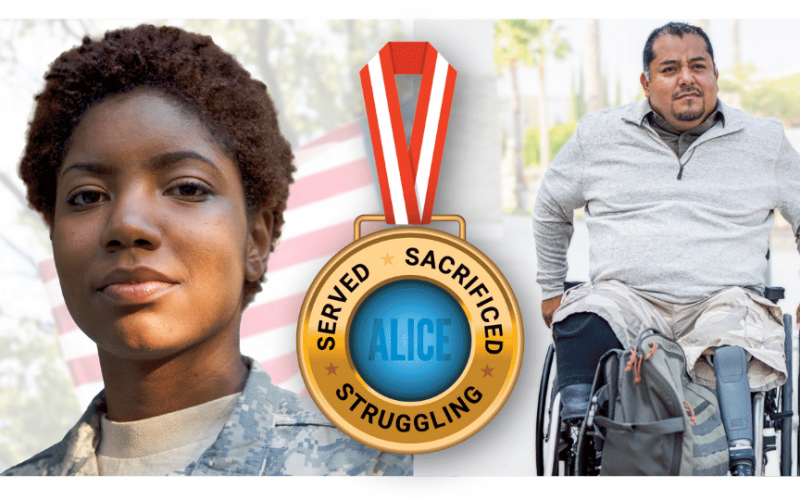 a collage of photos including a young veteran in camouflage, staring intently at the camera; a young veteran in uniform at a desk; and a veteran with a disability in a wheelchair, In the foreground hangs a medal that reads: “Served, Sacrificed, Struggling – ALICE.”