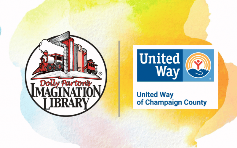 Dolly Parton Imagination Library logo and child reading books