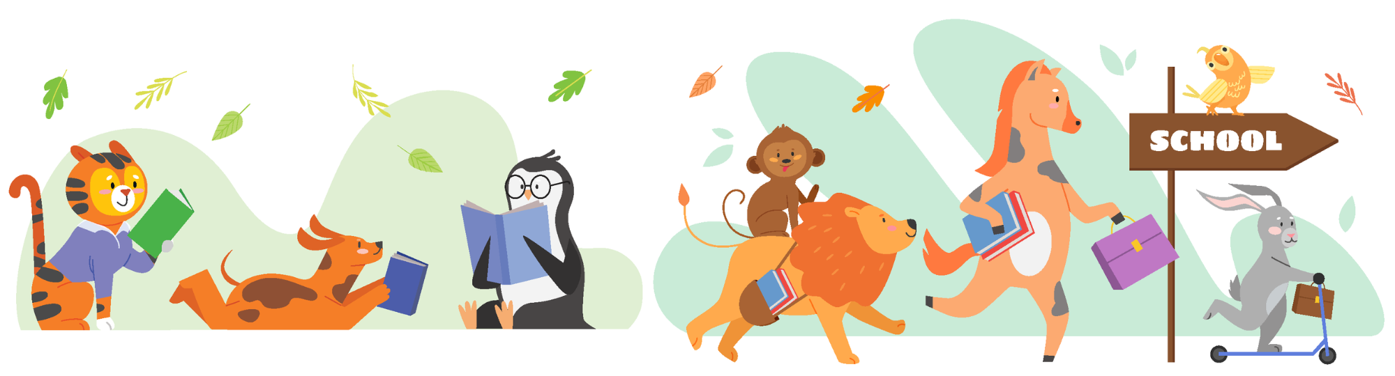 Illustration of animals reading books and heading to school