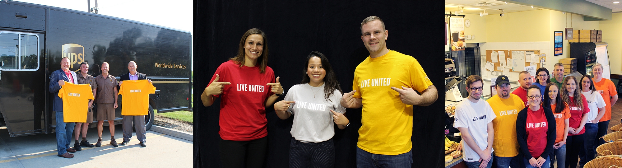 Collage of people wearing Live United tee shirts