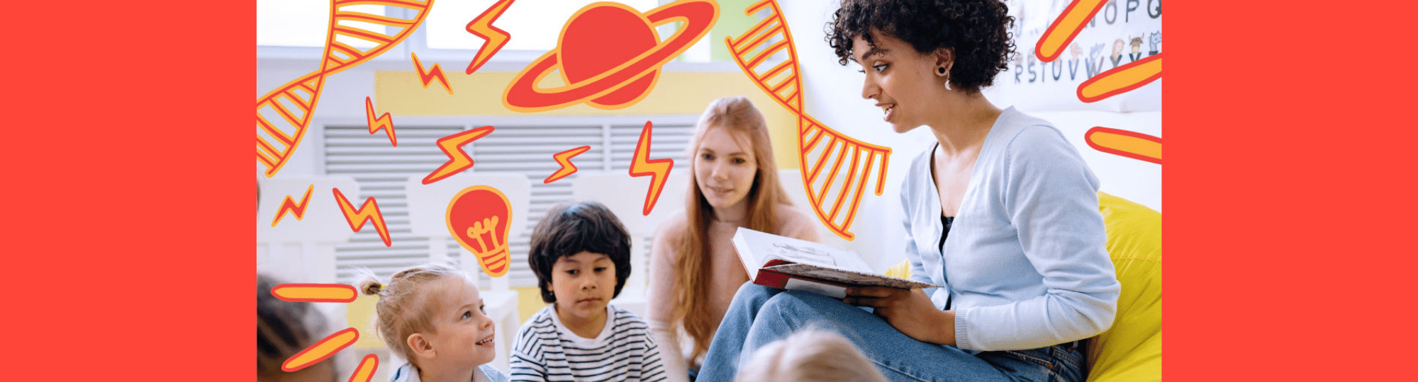 Woman reading book to kids.