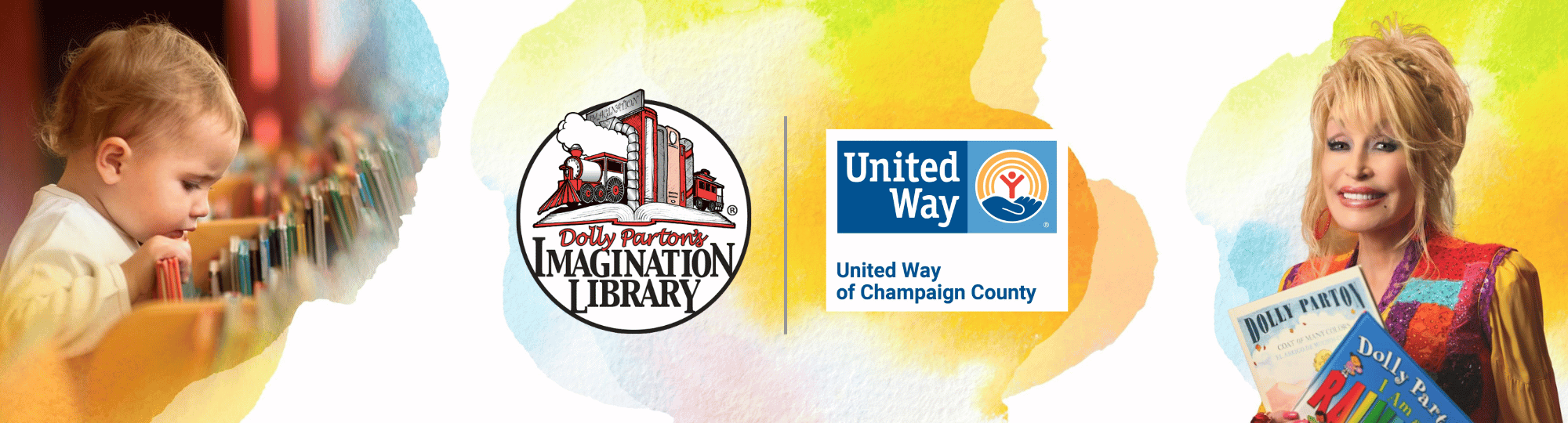 Dolly Parton Imagination Library logo and child reading books