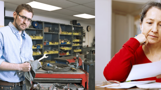 A mechanic, a middle aged woman, and a woman in a call center.