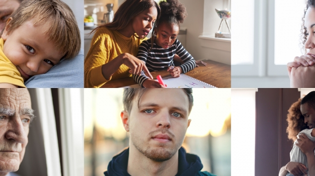 Collage of six images, all close-ups of faces