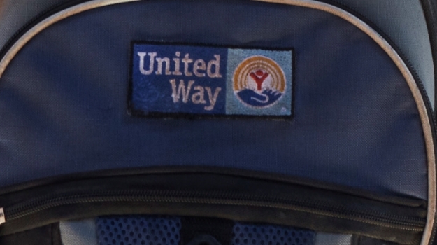 Close up of backpack with United Way patch