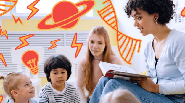 Woman reading book to kids.