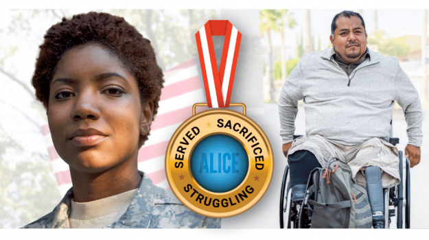 a collage of photos including a young veteran in camouflage, staring intently at the camera; a young veteran in uniform at a desk; and a veteran with a disability in a wheelchair, In the foreground hangs a medal that reads: “Served, Sacrificed, Struggling – ALICE.”